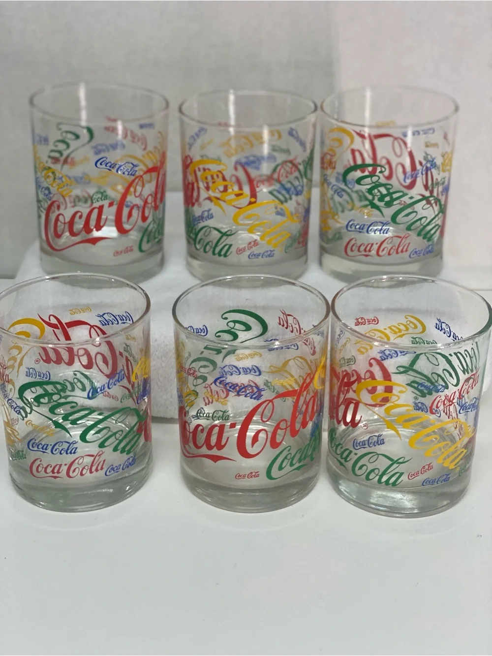 Coca Cola Set of 6 Multicolor Logo Glass 12 ounce Retro Repeated Logo Colorful